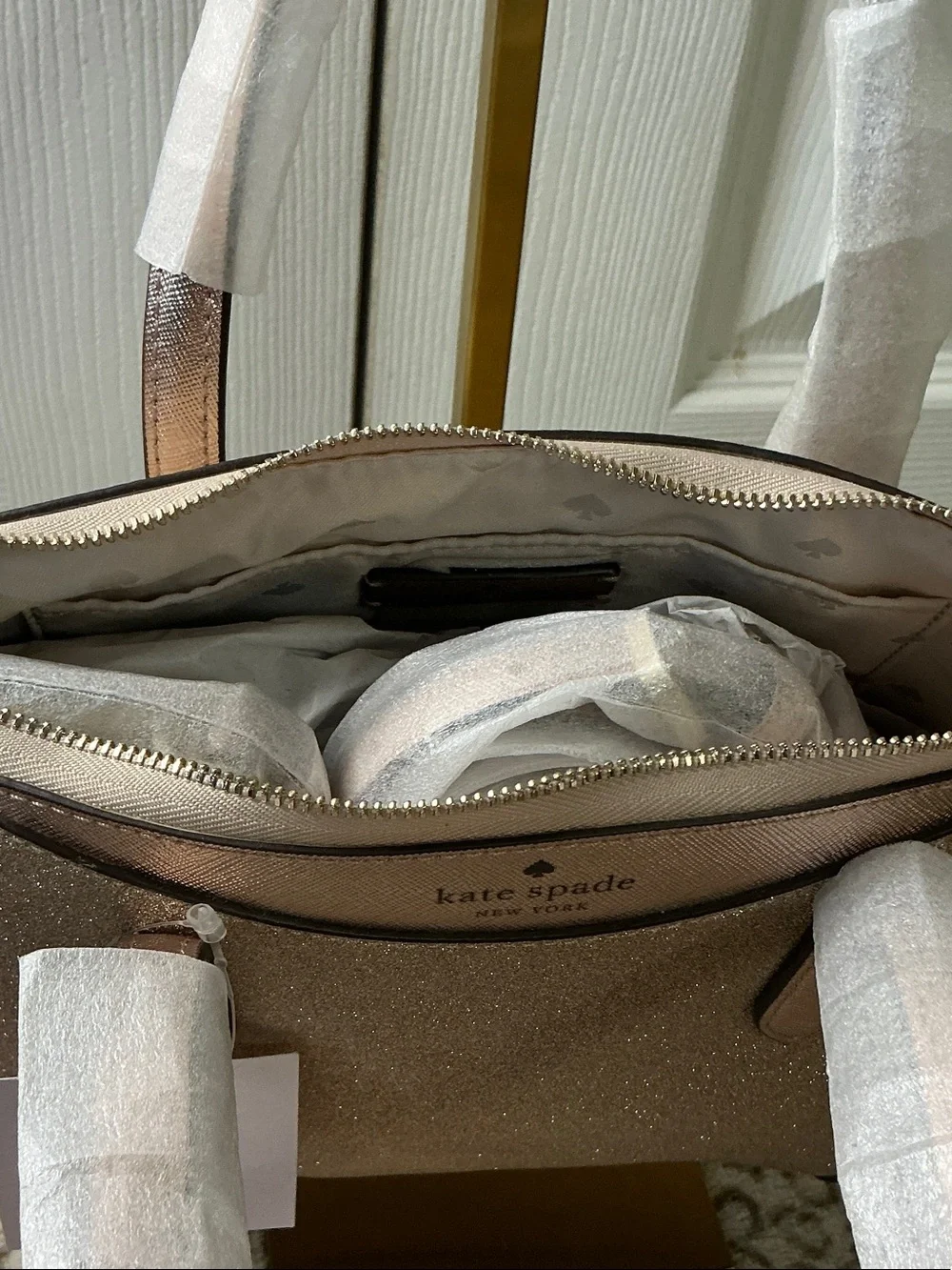 Kate Spade Shimmy Glitter Satchel (Style K4625) With Structured Top Handles.